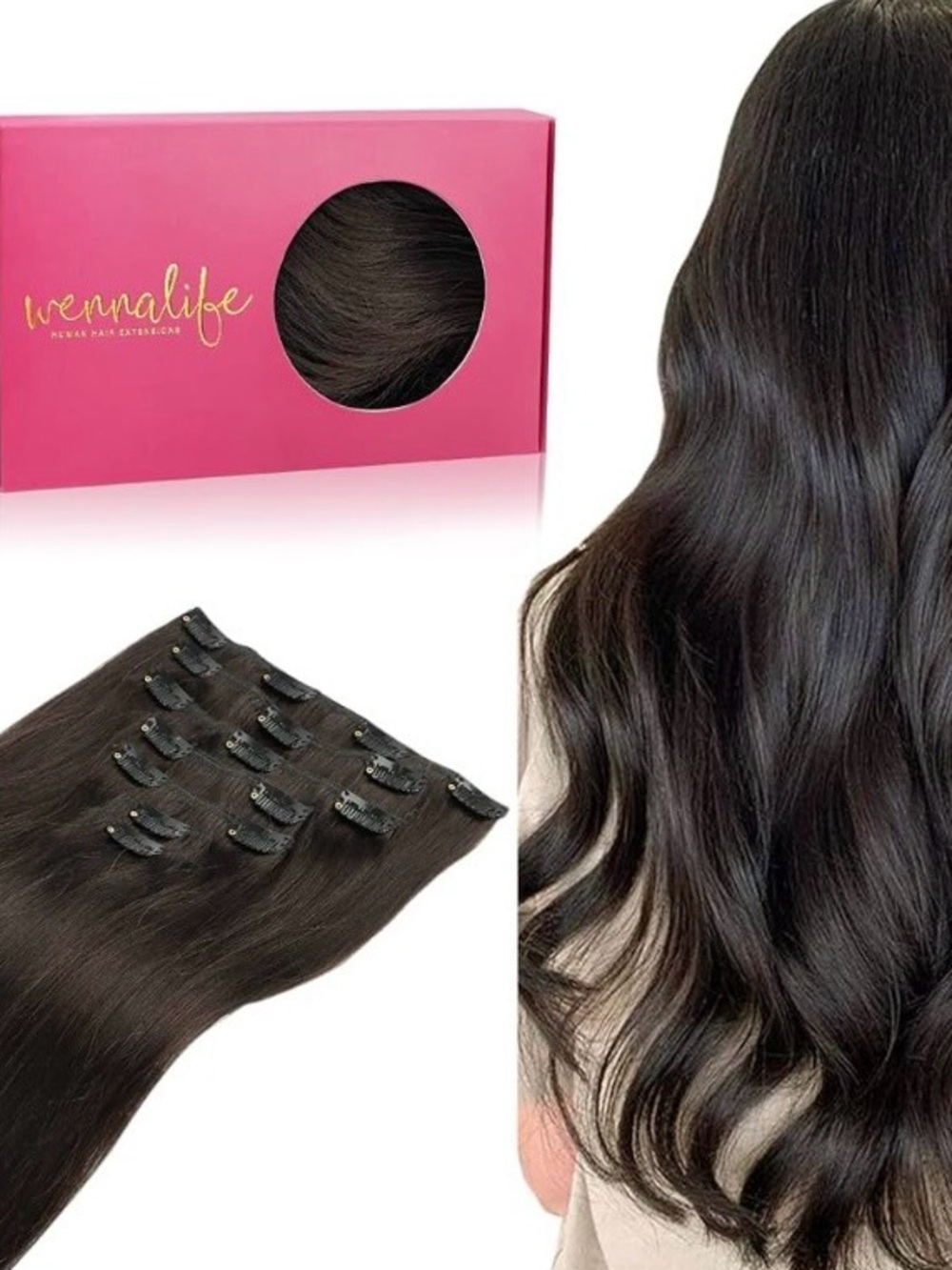 WENNALIFE Clip in Hair Extensions Human Hair 16 Inch 120g 7pcs Dark Brown #2 NWT